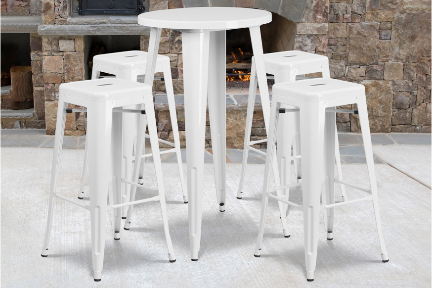 BLNK™ Ormsby Commercial Round Metal Indoor-Outdoor Bar Table Set with 4 Square Seat Backless Stools - White