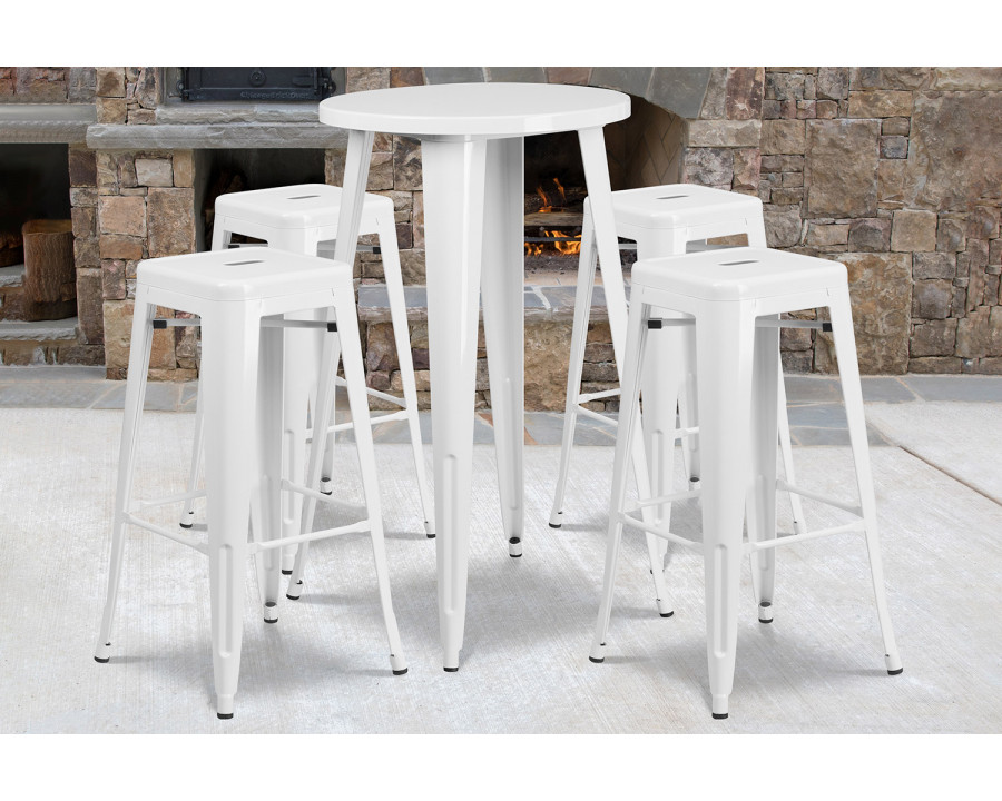 BLNK Ormsby Commercial Round Metal Indoor-Outdoor Bar Table Set with 4 Square Seat Backless Stools - White