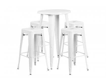 BLNK™ Ormsby Commercial Round Metal Indoor-Outdoor Bar Table Set with 4 Square Seat Backless Stools - White