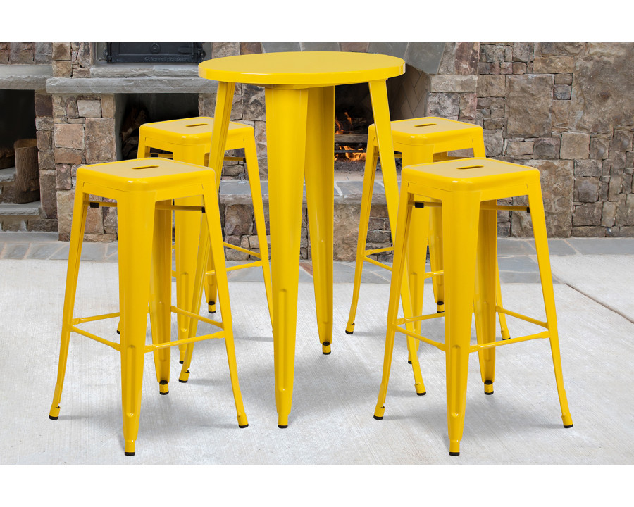 BLNK Ormsby Commercial Round Metal Indoor-Outdoor Bar Table Set with 4 Square Seat Backless Stools - Yellow