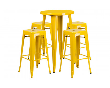 BLNK Ormsby Commercial Round Metal Indoor-Outdoor Bar Table Set with 4 Square Seat Backless Stools - Yellow