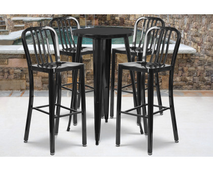 BLNK Richard Commercial Round Metal Indoor-Outdoor Bar Table Set with 4 Vertical Slat Back Stools