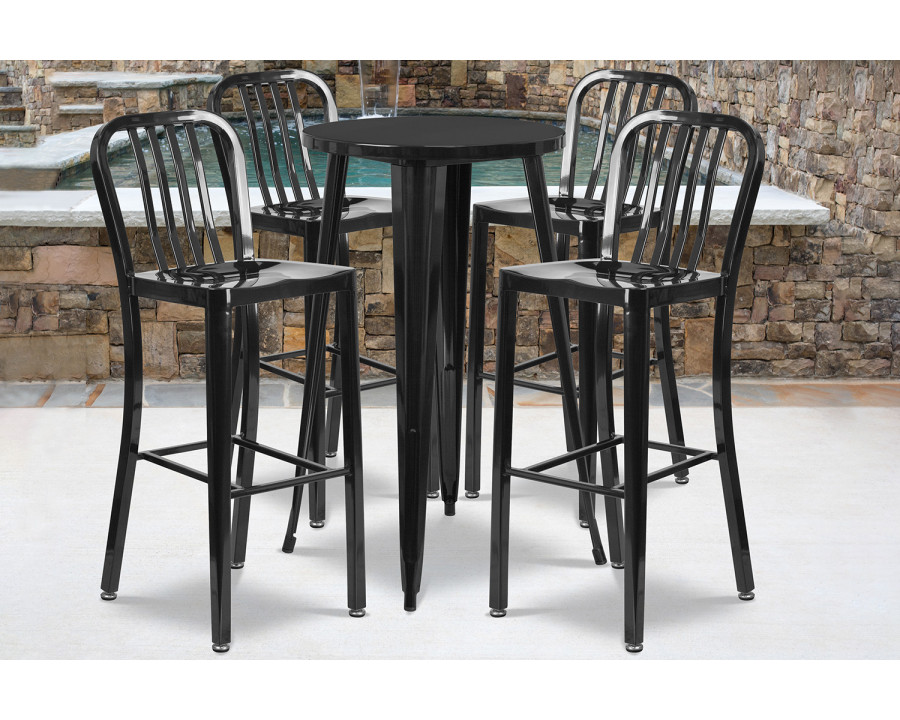 BLNK Richard Commercial Round Metal Indoor-Outdoor Bar Table Set with 4 Vertical Slat Back Stools - Black