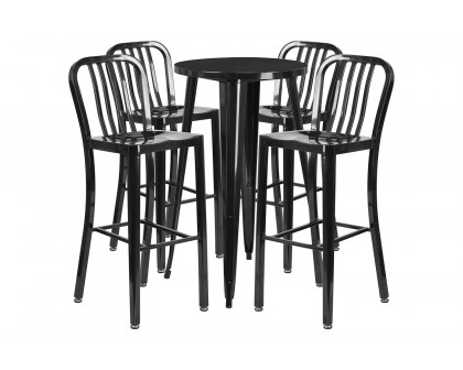 BLNK Richard Commercial Round Metal Indoor-Outdoor Bar Table Set with 4 Vertical Slat Back Stools - Black