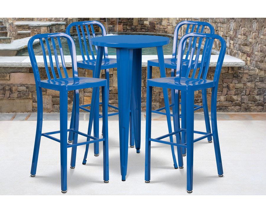 BLNK Richard Commercial Round Metal Indoor-Outdoor Bar Table Set with 4 Vertical Slat Back Stools