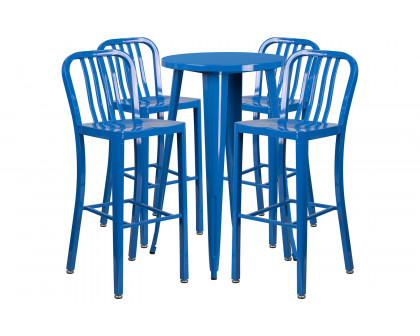 BLNK Richard Commercial Round Metal Indoor-Outdoor Bar Table Set with 4 Vertical Slat Back Stools