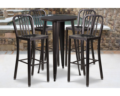 BLNK Richard Commercial Round Metal Indoor-Outdoor Bar Table Set with 4 Vertical Slat Back Stools