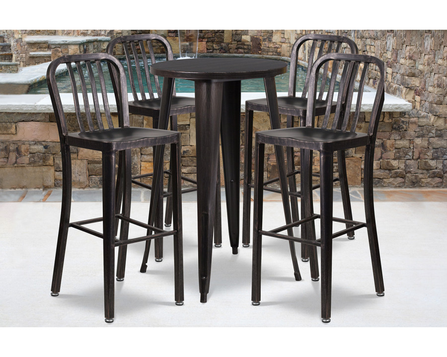 BLNK Richard Commercial Round Metal Indoor-Outdoor Bar Table Set with 4 Vertical Slat Back Stools - Black/Antique Gold