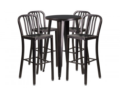 BLNK Richard Commercial Round Metal Indoor-Outdoor Bar Table Set with 4 Vertical Slat Back Stools - Black/Antique Gold