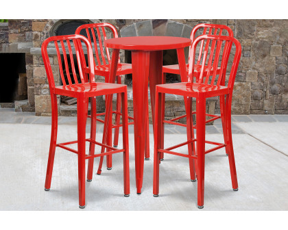 BLNK Richard Commercial Round Metal Indoor-Outdoor Bar Table Set with 4 Vertical Slat Back Stools