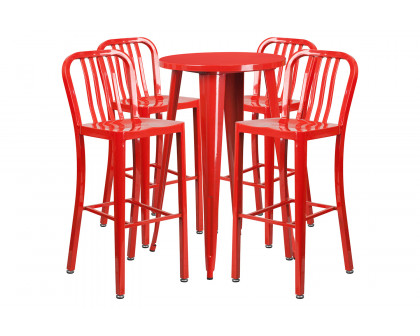 BLNK Richard Commercial Round Metal Indoor-Outdoor Bar Table Set with 4 Vertical Slat Back Stools - Red