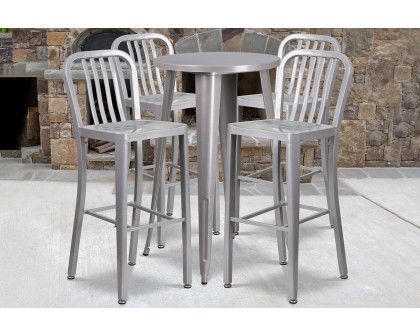 BLNK Richard Commercial Round Metal Indoor-Outdoor Bar Table Set with 4 Vertical Slat Back Stools