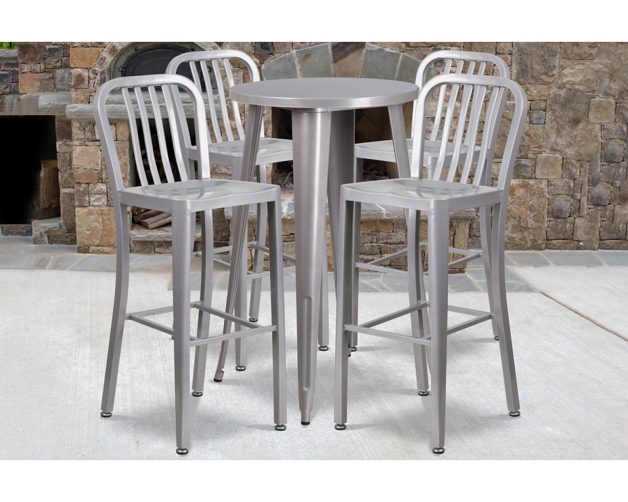 BLNK Richard Commercial Round Metal Indoor-Outdoor Bar Table Set with 4 Vertical Slat Back Stools - Silver