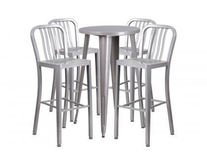 BLNK Richard Commercial Round Metal Indoor-Outdoor Bar Table Set with 4 Vertical Slat Back Stools - Silver