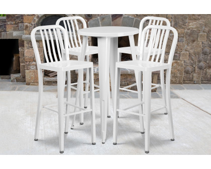 BLNK Richard Commercial Round Metal Indoor-Outdoor Bar Table Set with 4 Vertical Slat Back Stools