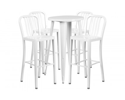 BLNK Richard Commercial Round Metal Indoor-Outdoor Bar Table Set with 4 Vertical Slat Back Stools - White