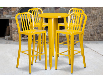 BLNK Richard Commercial Round Metal Indoor-Outdoor Bar Table Set with 4 Vertical Slat Back Stools