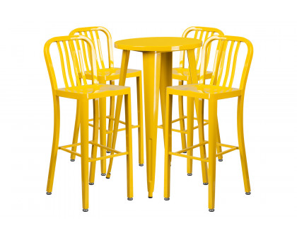 BLNK Richard Commercial Round Metal Indoor-Outdoor Bar Table Set with 4 Vertical Slat Back Stools - Yellow