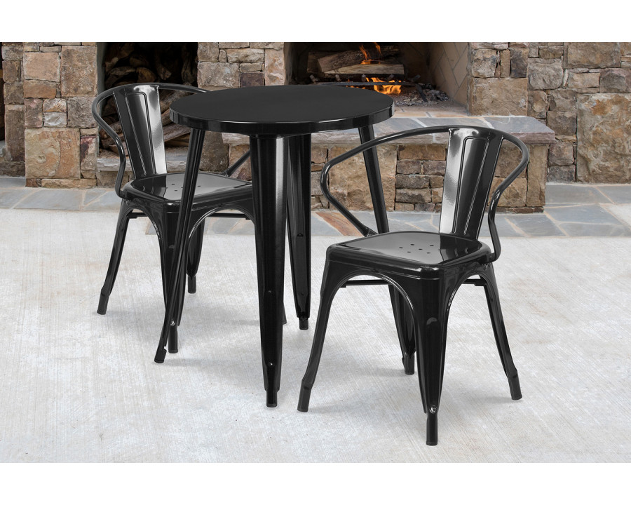 BLNK Napoleon Commercial Round Metal Indoor-Outdoor Table Set with 2 Arm Chairs - Black