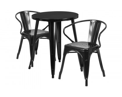 BLNK Napoleon Commercial Round Metal Indoor-Outdoor Table Set with 2 Arm Chairs - Black