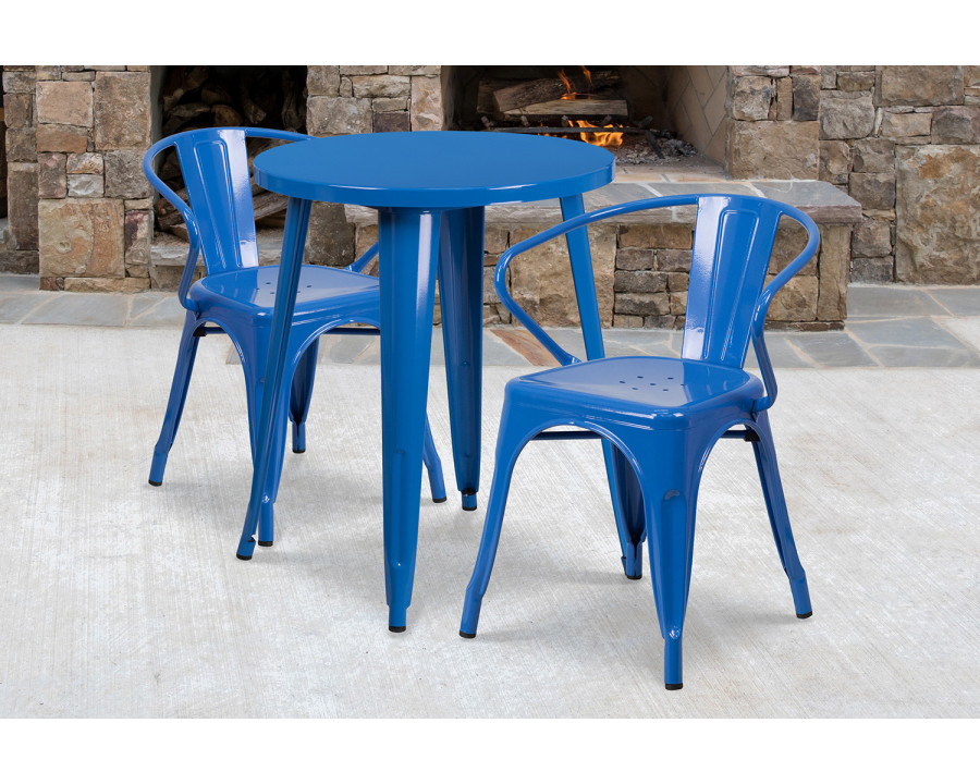 BLNK Napoleon Commercial Round Metal Indoor-Outdoor Table Set with 2 Arm Chairs - Blue