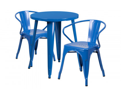 BLNK Napoleon Commercial Round Metal Indoor-Outdoor Table Set with 2 Arm Chairs - Blue