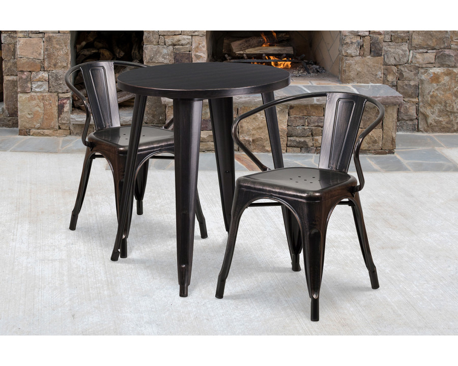 BLNK Napoleon Commercial Round Metal Indoor-Outdoor Table Set with 2 Arm Chairs - Black/Antique Gold