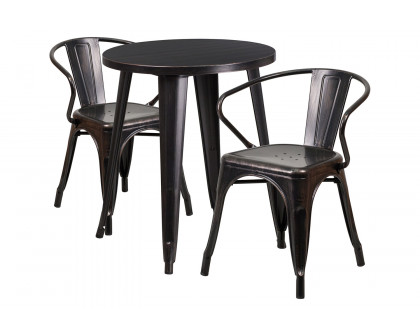 BLNK Napoleon Commercial Round Metal Indoor-Outdoor Table Set with 2 Arm Chairs - Black/Antique Gold