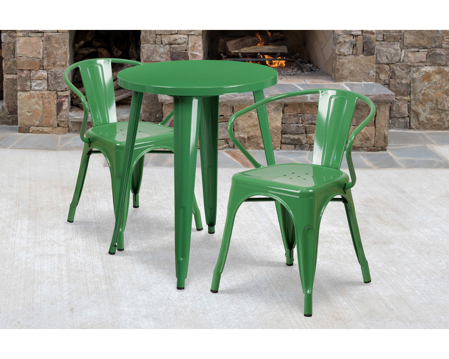 BLNK Napoleon Commercial Round Metal Indoor-Outdoor Table Set with 2 Arm Chairs - Green