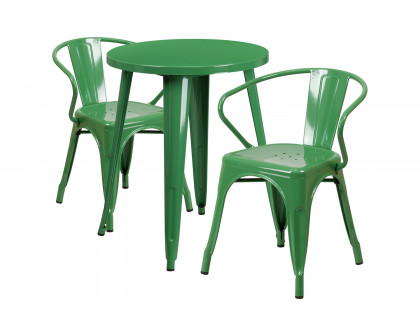 BLNK Napoleon Commercial Round Metal Indoor-Outdoor Table Set with 2 Arm Chairs - Green