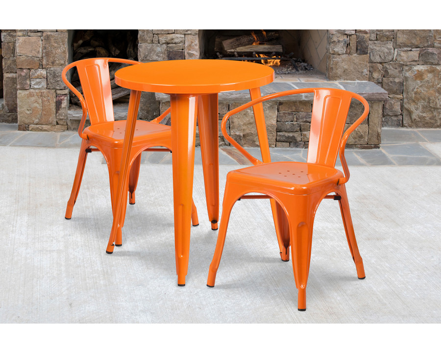 BLNK Napoleon Commercial Round Metal Indoor-Outdoor Table Set with 2 Arm Chairs - Orange