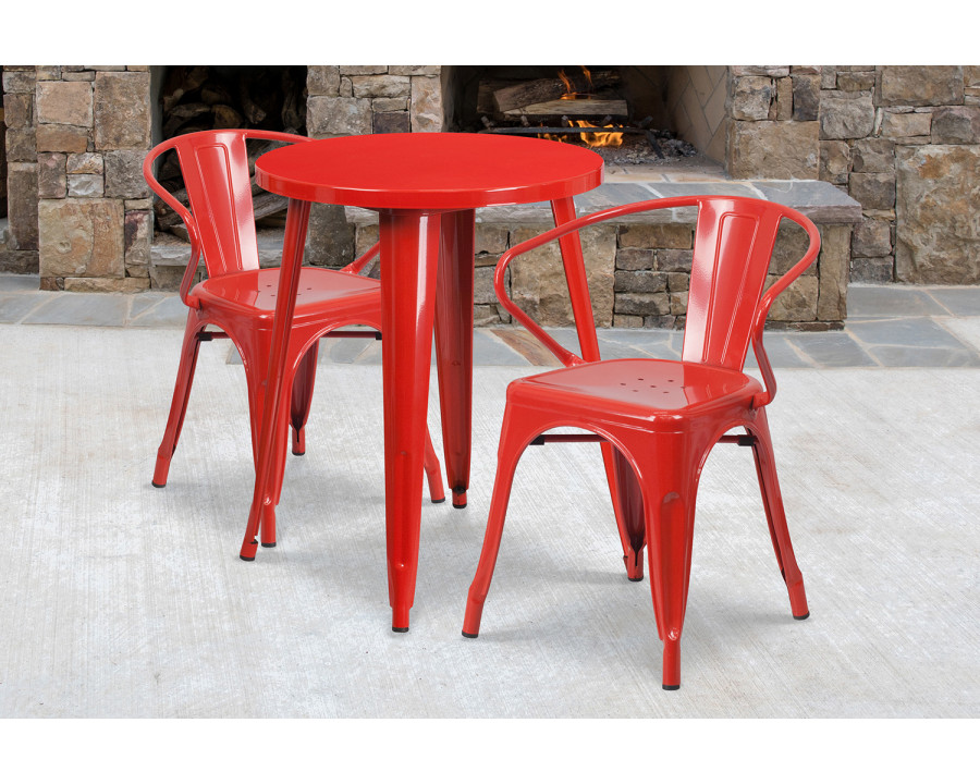 BLNK Napoleon Commercial Round Metal Indoor-Outdoor Table Set with 2 Arm Chairs - Red