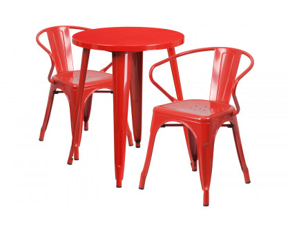 BLNK Napoleon Commercial Round Metal Indoor-Outdoor Table Set with 2 Arm Chairs - Red