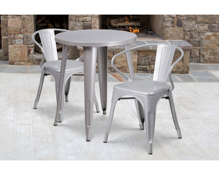 BLNK Napoleon Commercial Round Metal Indoor-Outdoor Table Set with 2 Arm Chairs