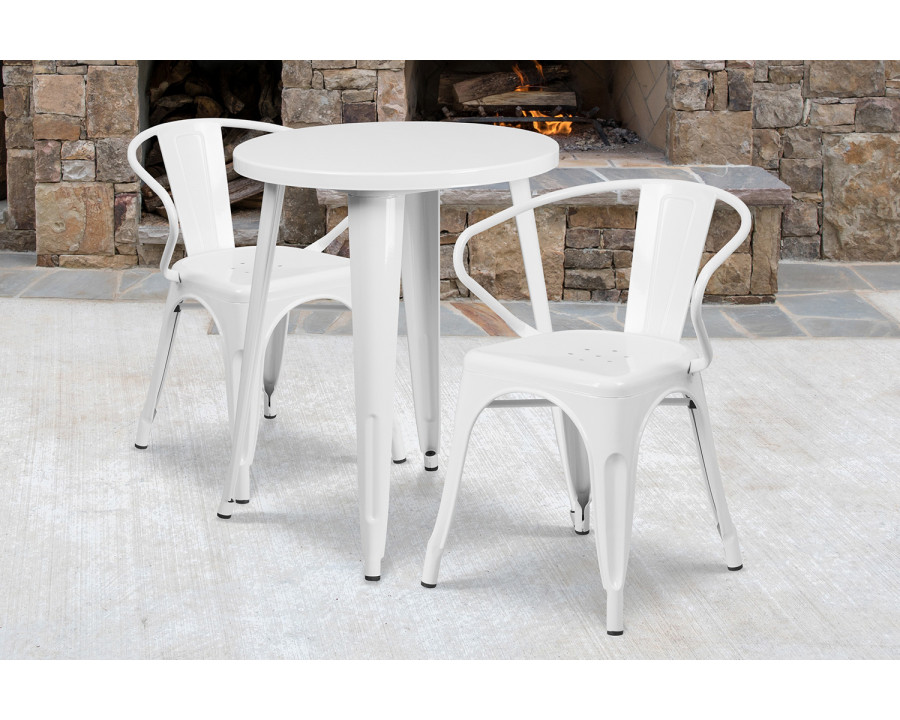 BLNK Napoleon Commercial Round Metal Indoor-Outdoor Table Set with 2 Arm Chairs - White