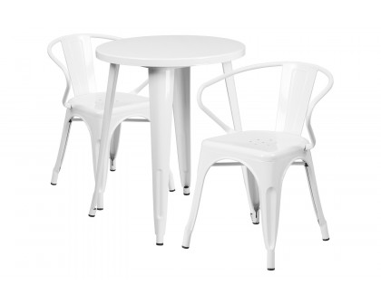 BLNK Napoleon Commercial Round Metal Indoor-Outdoor Table Set with 2 Arm Chairs - White