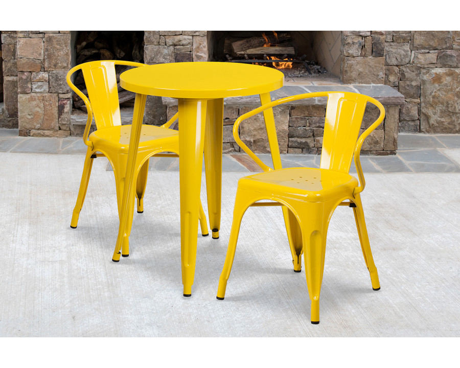 BLNK Napoleon Commercial Round Metal Indoor-Outdoor Table Set with 2 Arm Chairs - Yellow