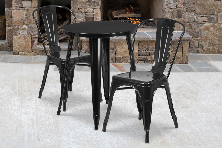 BLNK™ Napoleon Commercial Round Metal Indoor-Outdoor Table Set with 2 Cafe Chairs - Black