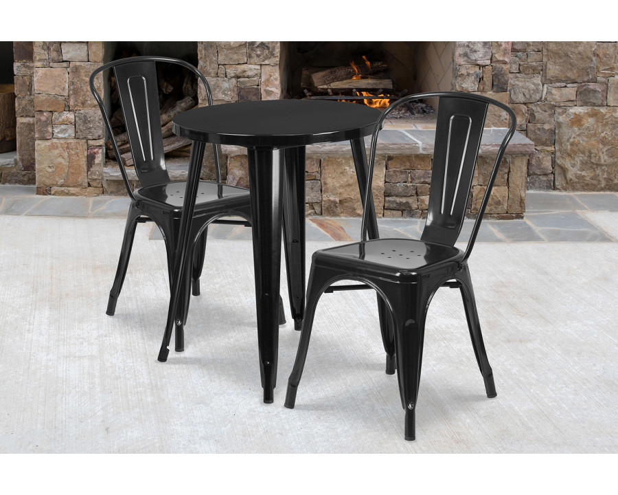 BLNK Napoleon Commercial Round Metal Indoor-Outdoor Table Set with 2 Cafe Chairs - Black