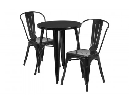 BLNK™ Napoleon Commercial Round Metal Indoor-Outdoor Table Set with 2 Cafe Chairs - Black