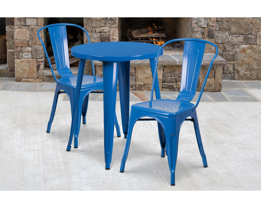 BLNK Napoleon Commercial Round Metal Indoor-Outdoor Table Set with 2 Cafe Chairs - Blue