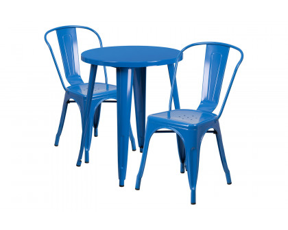 BLNK Napoleon Commercial Round Metal Indoor-Outdoor Table Set with 2 Cafe Chairs - Blue