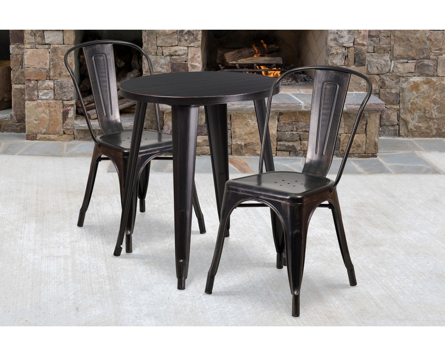 BLNK Napoleon Commercial Round Metal Indoor-Outdoor Table Set with 2 Cafe Chairs - Black/Antique