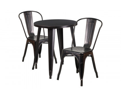 BLNK Napoleon Commercial Round Metal Indoor-Outdoor Table Set with 2 Cafe Chairs - Black/Antique