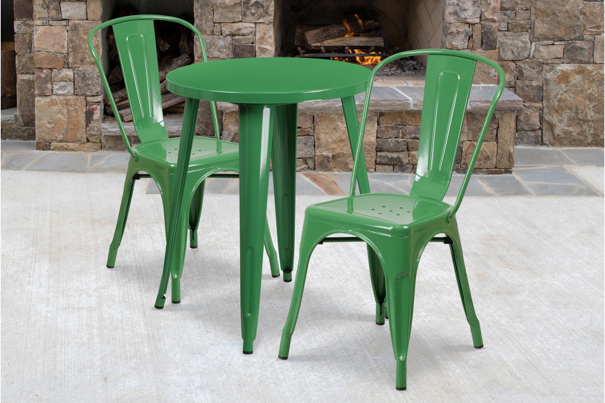 BLNK™ Napoleon Commercial Round Metal Indoor-Outdoor Table Set with 2 Cafe Chairs - Green