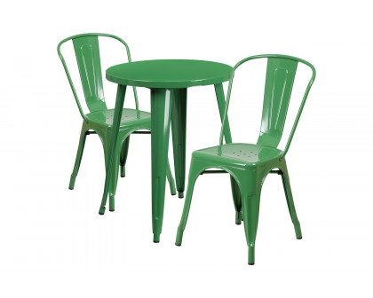 BLNK™ Napoleon Commercial Round Metal Indoor-Outdoor Table Set with 2 Cafe Chairs - Green