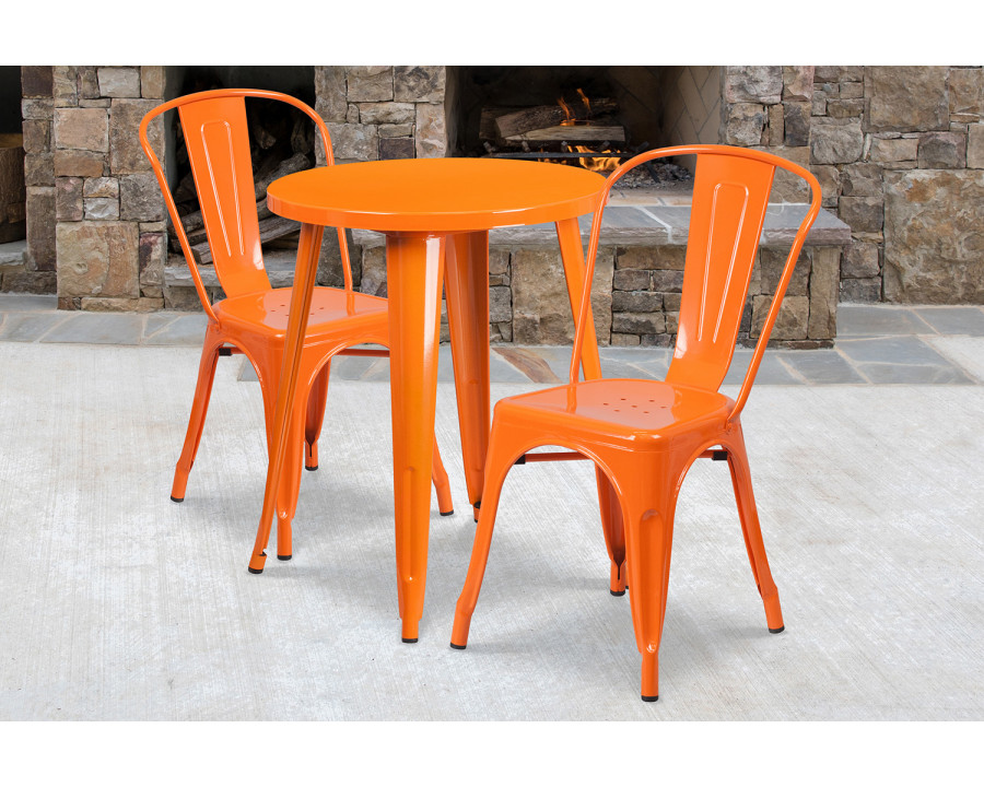 BLNK Napoleon Commercial Round Metal Indoor-Outdoor Table Set with 2 Cafe Chairs - Orange