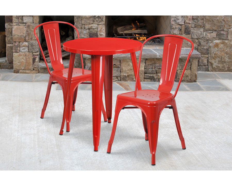 BLNK Napoleon Commercial Round Metal Indoor-Outdoor Table Set with 2 Cafe Chairs - Red