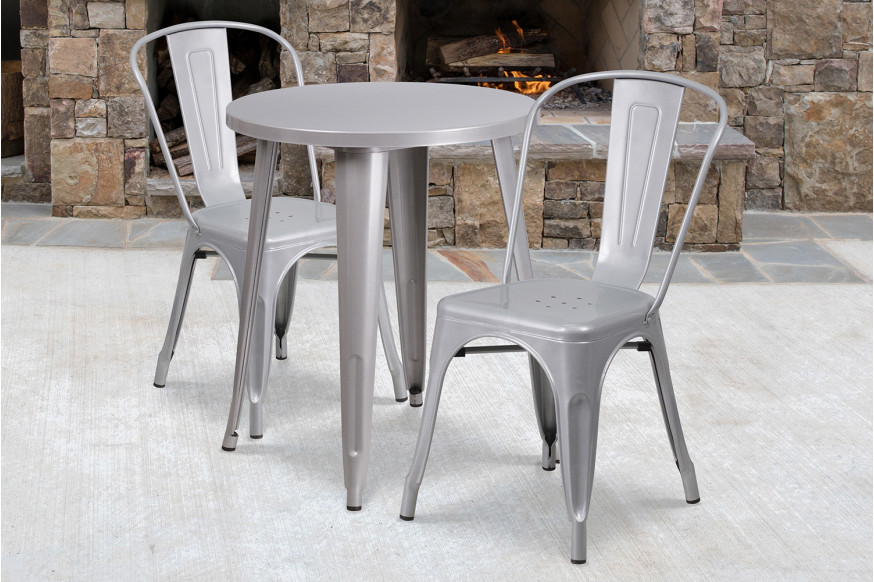 BLNK™ Napoleon Commercial Round Metal Indoor-Outdoor Table Set with 2 Cafe Chairs - Silver