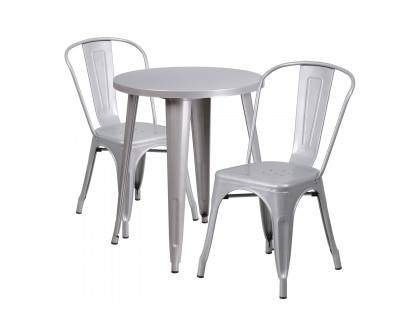 BLNK™ Napoleon Commercial Round Metal Indoor-Outdoor Table Set with 2 Cafe Chairs - Silver